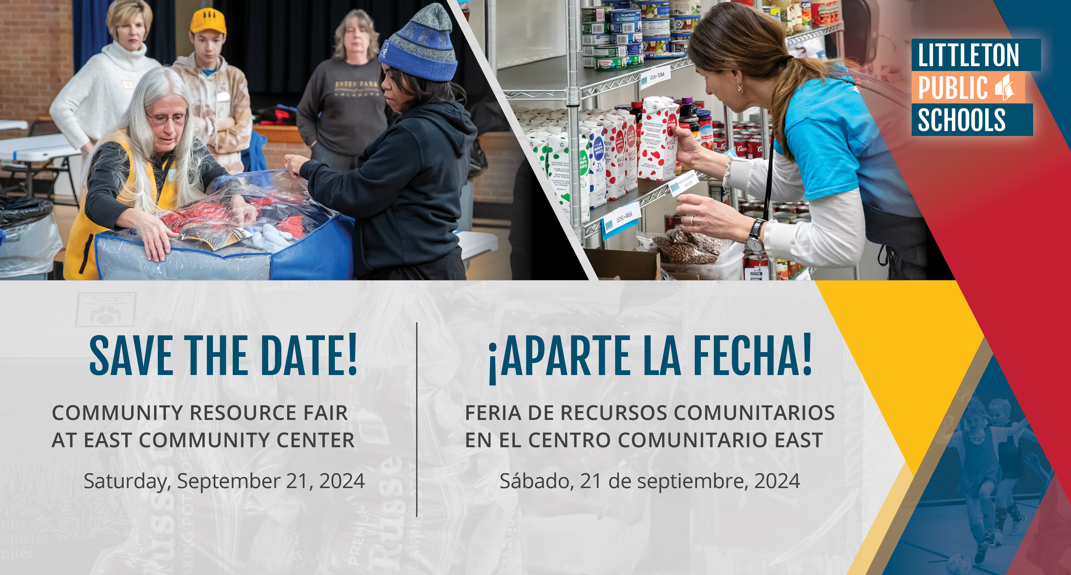 Save the Date for the East Community Center Community Resource Fair graphic showing photos of volunteers working inside East Community Center. Details for the event are included in the text accompanying the graphic.