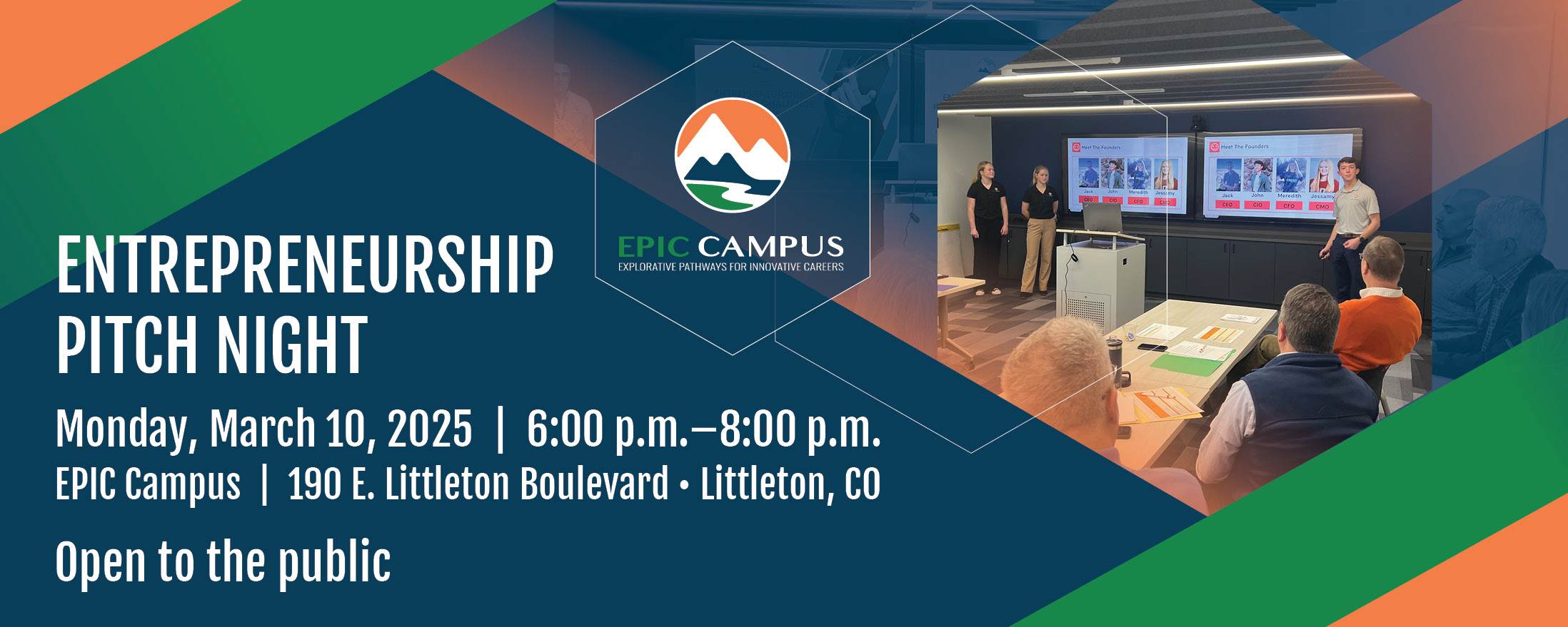 Promotional graphic for 'Entrepreneurship Pitch Night' at EPIC Campus. The left side of the image has a dark blue background with bold white text displaying the event details: 'Monday, March 10, 2025 | 6:00 p.m.–8:00 p.m.' at 'EPIC Campus, 190 E. Littleton Boulevard, Littleton, CO.' The text at the bottom states 'Open to the public.' The EPIC Campus logo, featuring a stylized mountain and river inside a hexagon, is prominently displayed. The right side of the image includes a photograph of a student business pitch event, where three students are standing and presenting in front of a screen. Audience members, some wearing business attire, are seated at tables with notepads and documents. The background has an abstract geometric overlay in EPIC Campus branding colors: deep navy, green, and burnt orange.