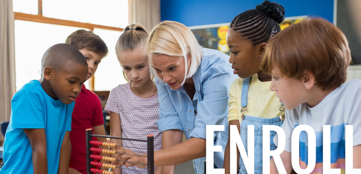 Students and teacher - teacher showing students an abacus